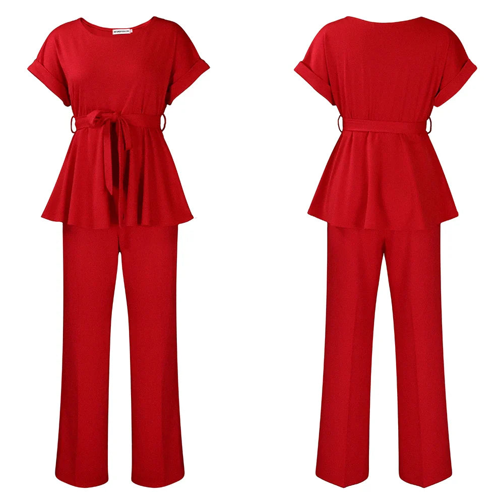 Women's Elegant 2 Piece Pants Set with Solid Blouse Short Sleeve O Neck and Long Trousers