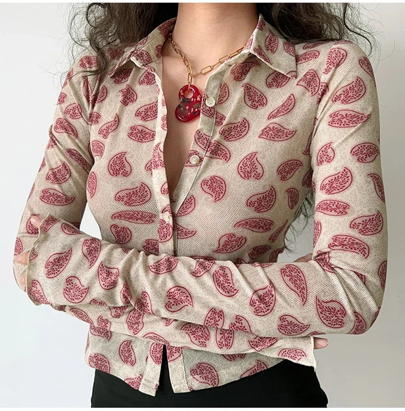 Women Printed Long Sleeve Blouse Turn-Down Collar Button-Up Cardigan Shirt Casual Office Top Vintage Autumn Fashion