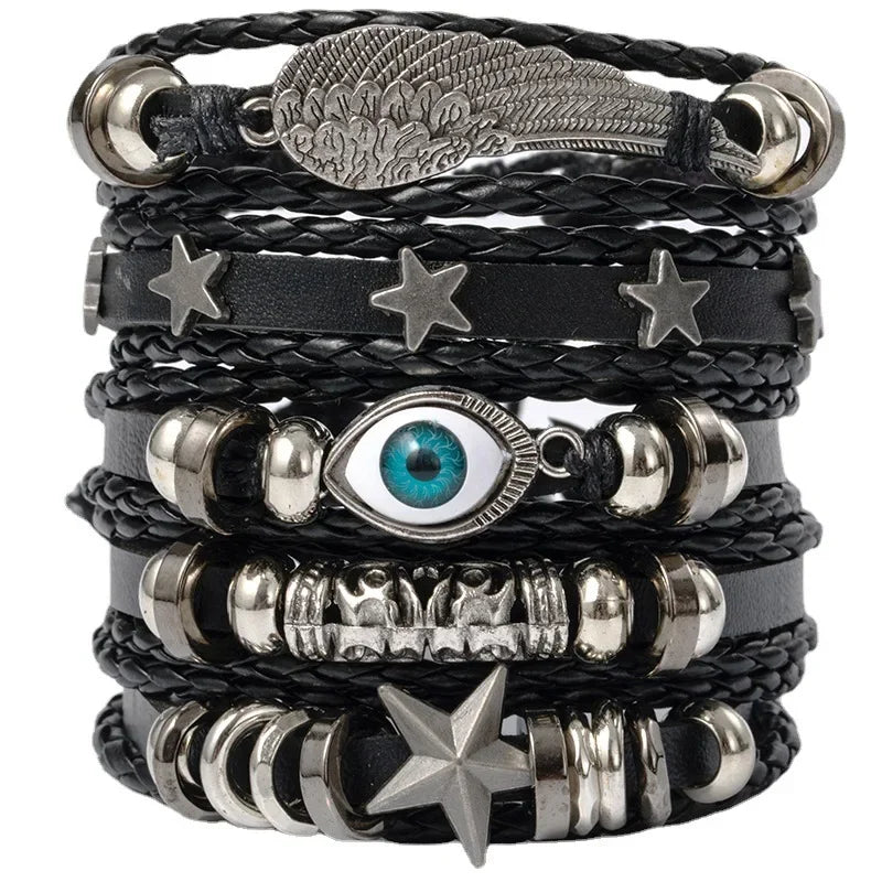 Punk Style Evil Eye Skull Bracelet Set with Adjustable PU Leather and Beads - 4/5/6 Pieces