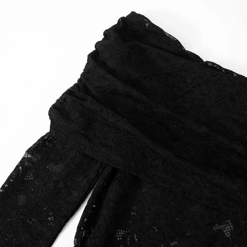 Solid Color Smocked Lace Splicing See-Through Strappy Jumpsuit Pants Sexy Nightclub Evening Party Outfit for Women