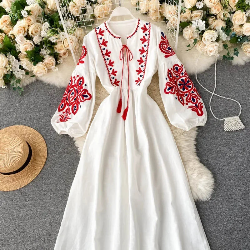 Bohemian Embroidered Floral Dress With Lantern Sleeve