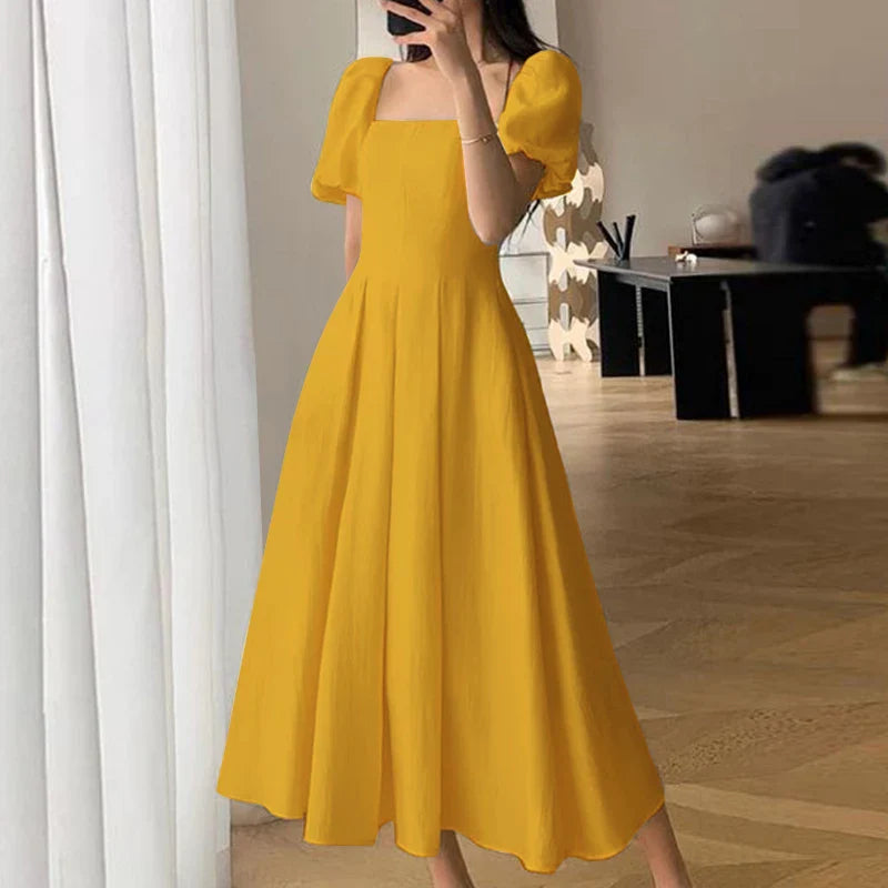 Korean Elegant Puff Sleeve A Line Dress Square Neckline