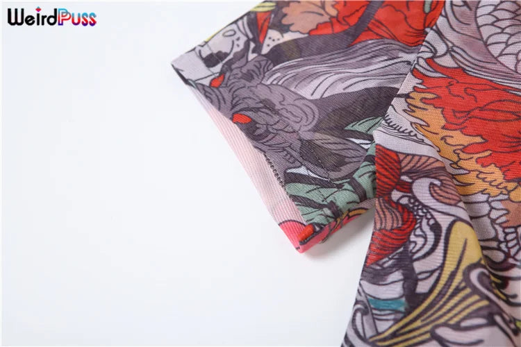 Women's Backless Dragon Print See-Through Jumpsuit Slim Stretch Short Sleeve Workout Overalls Clubwear