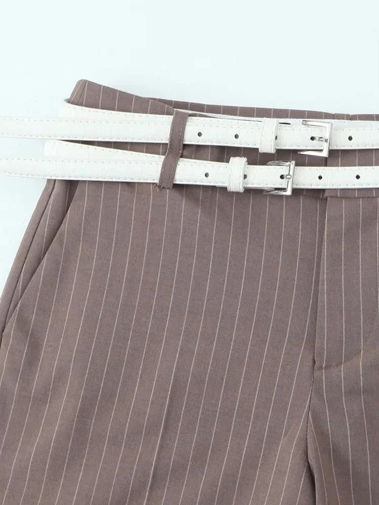 Women's Fashion Striped Two-Piece Set with Belted Waistcoat Top and Low Waist Pocketed Pants