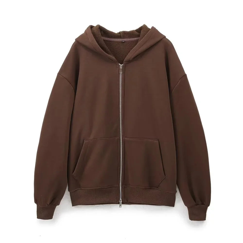 Fashionable Women's Casual Sportswear Jacket and Wide Leg Pants Set with Zipper Decoration