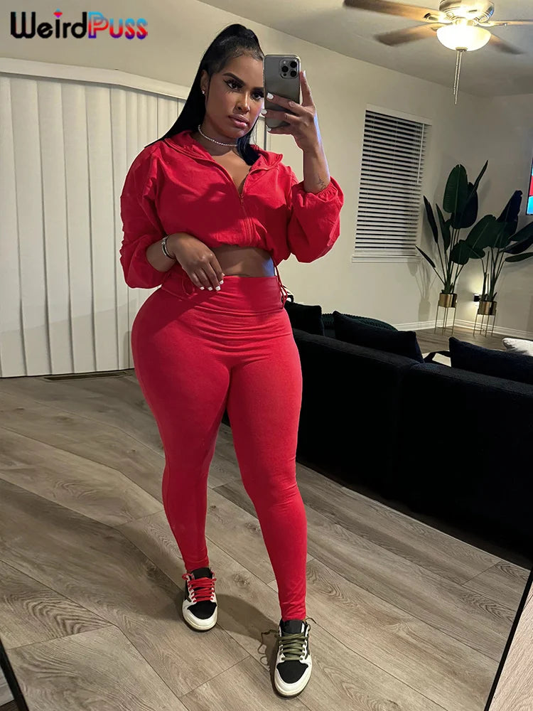 Weird Puss Tracksuit Women 2 Piece Set Casual Zip Thin Drawstring Crop Jacket and Leggings Matching Sporty Suit