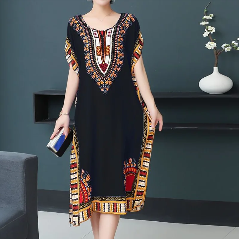 Retro Ethnic Print Batwing Sleeves Dress With High Slit