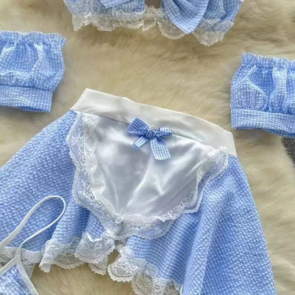 Sexy Maidservant Apron Dress Three Piece Set Lace Trimmed Plaid Cosplay Lingerie Nightwear for Women