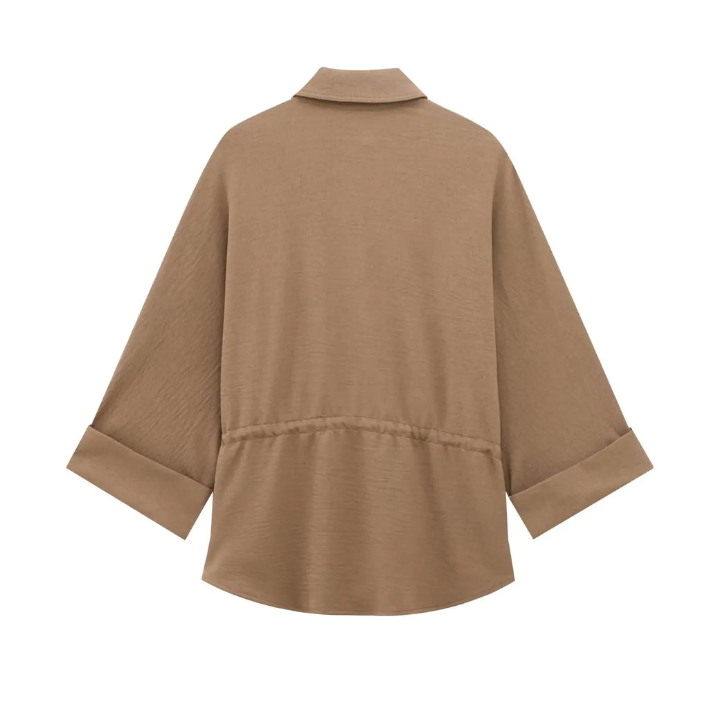 Women's Collared Roll-Up Sleeve Shirt and Drawstring Waist Wide Leg Pants Set