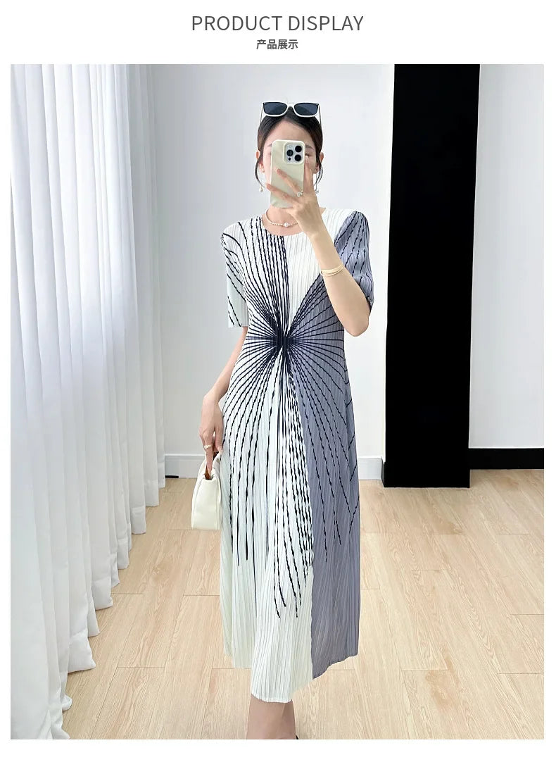 Women Pleated Dress Black White Print O Neck Short Sleeve