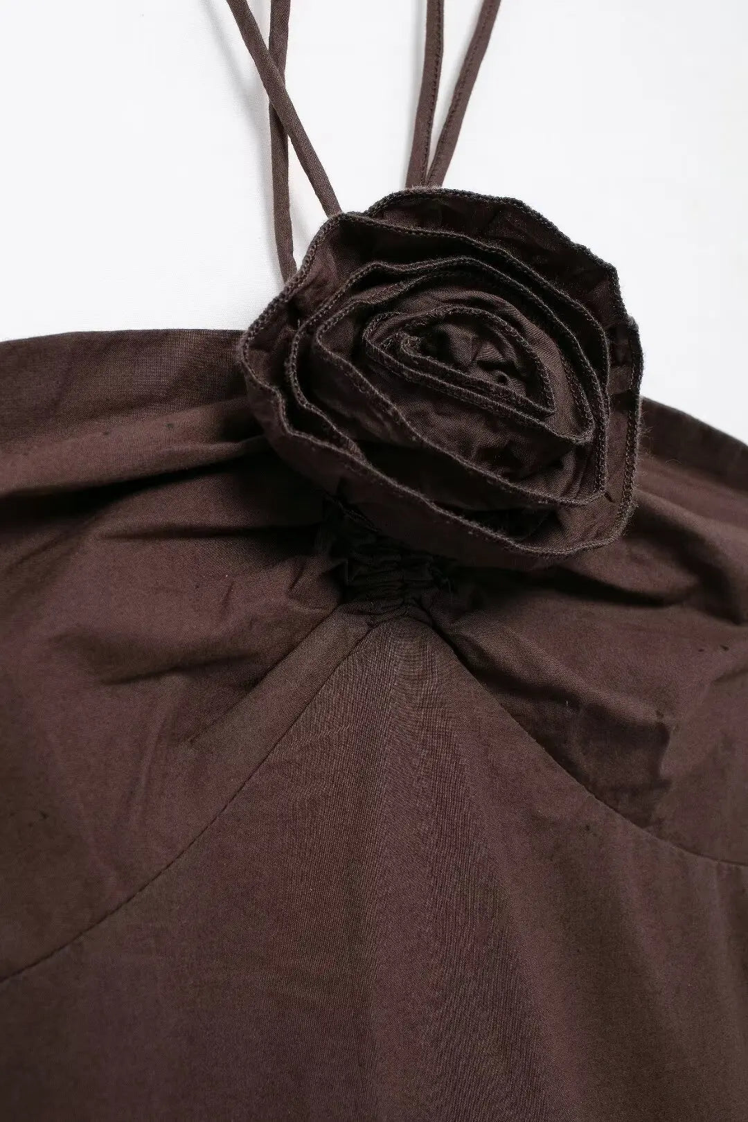 Brown Backless Halter Dress With Floral Embellishment