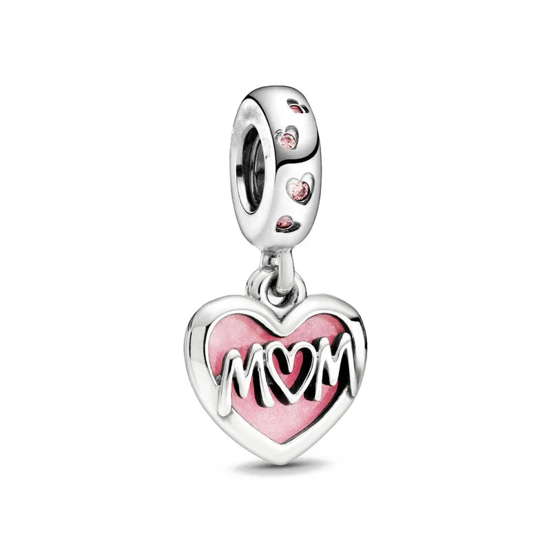 Spring Pink 925 Sterling Silver Mother Daughter Flower Enamel Dangle Pendant for Charm Bracelets