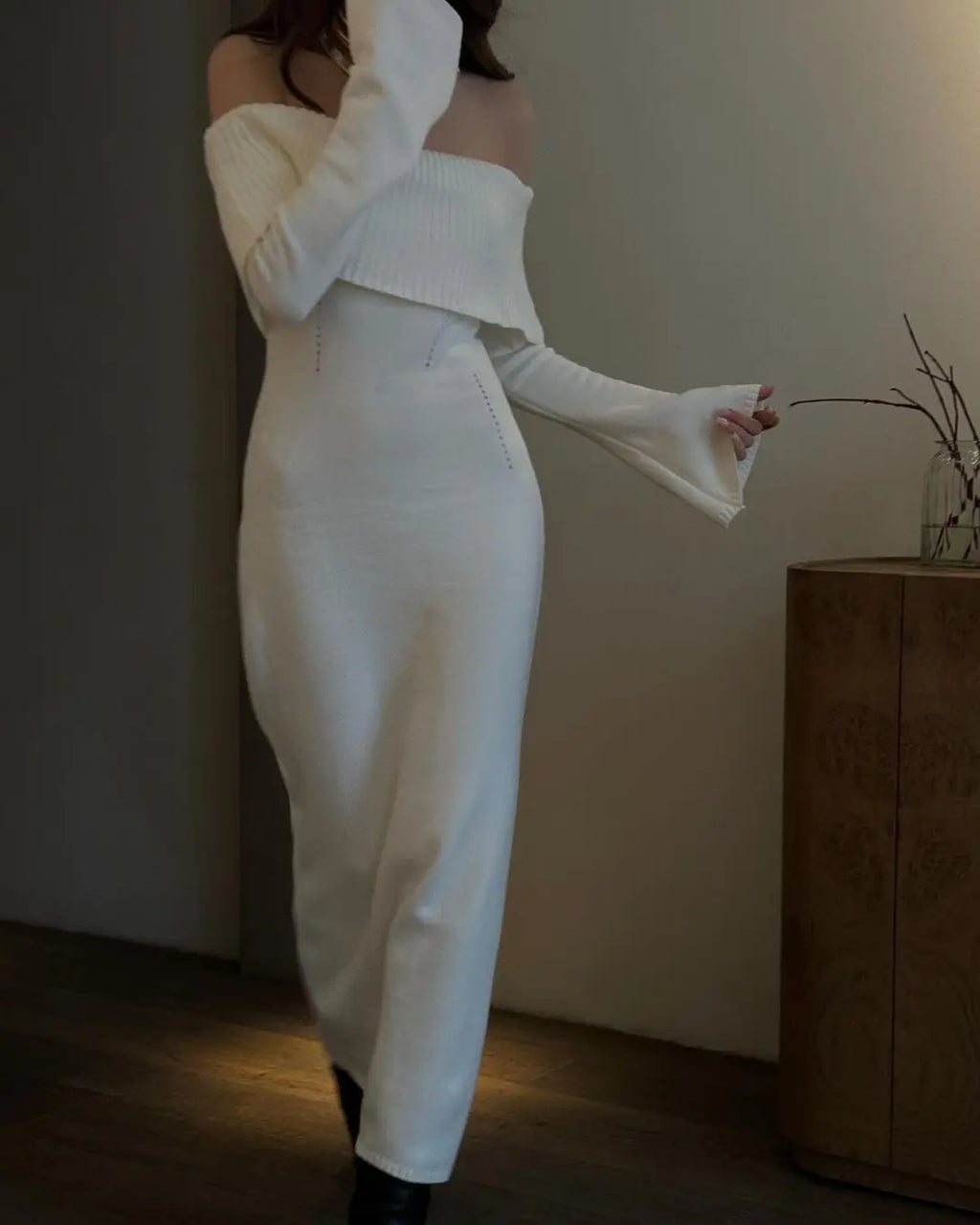 White Autumn Knit Dress For Women Off Shoulder Ribbed