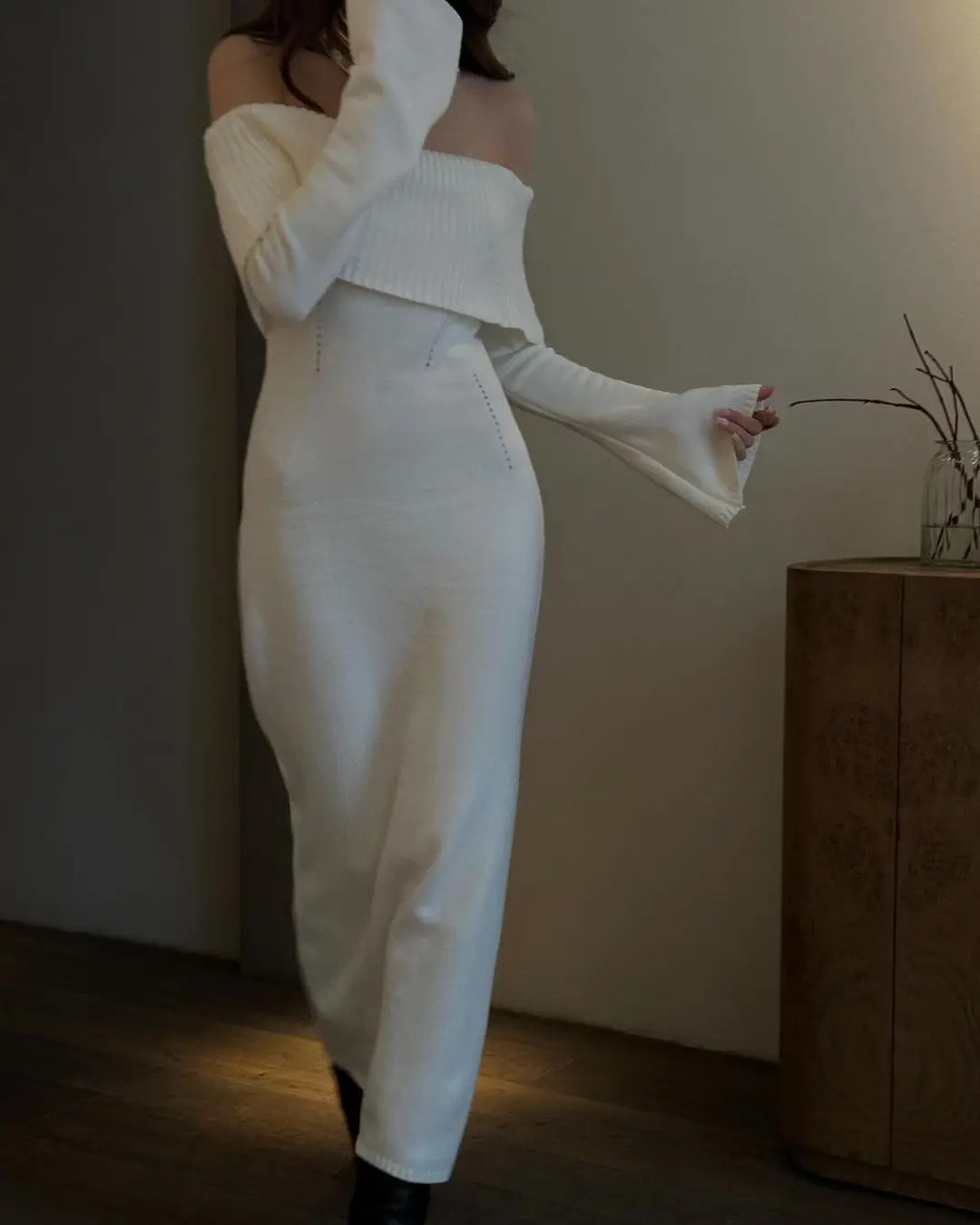 White Autumn Knit Dress For Women Off Shoulder Ribbed