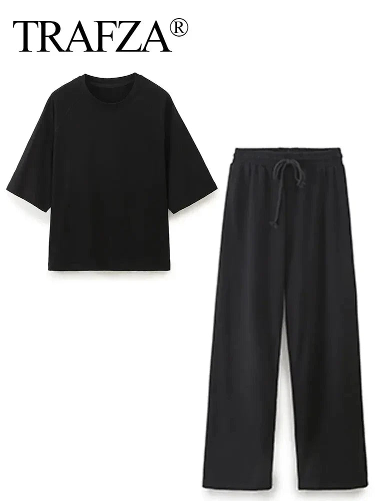 Women's Solid Casual Trouser Set with Short Sleeve T-Shirt and Elastic Waist Wide Leg Pants
