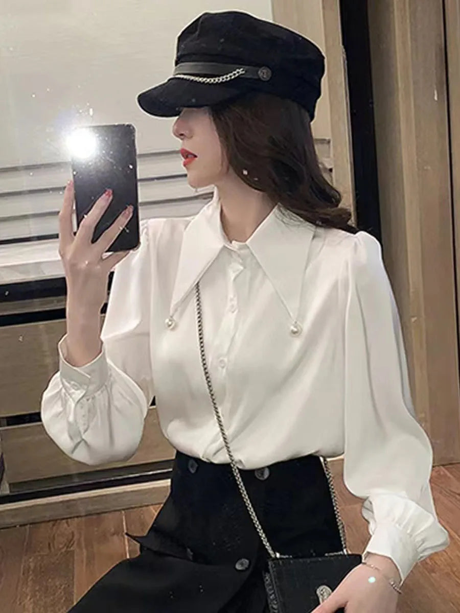 Spring Elegant Women Chiffon Blouse with Beaded Pointed Collar Loose Fit Long Sleeve Office Shirt Top