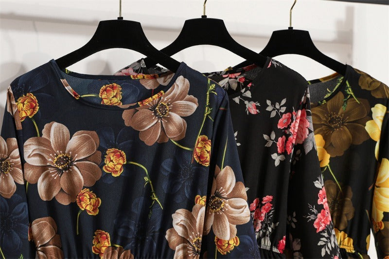 Bohemian Floral Maxi Dress High Waist Chiffon Long Sleeves