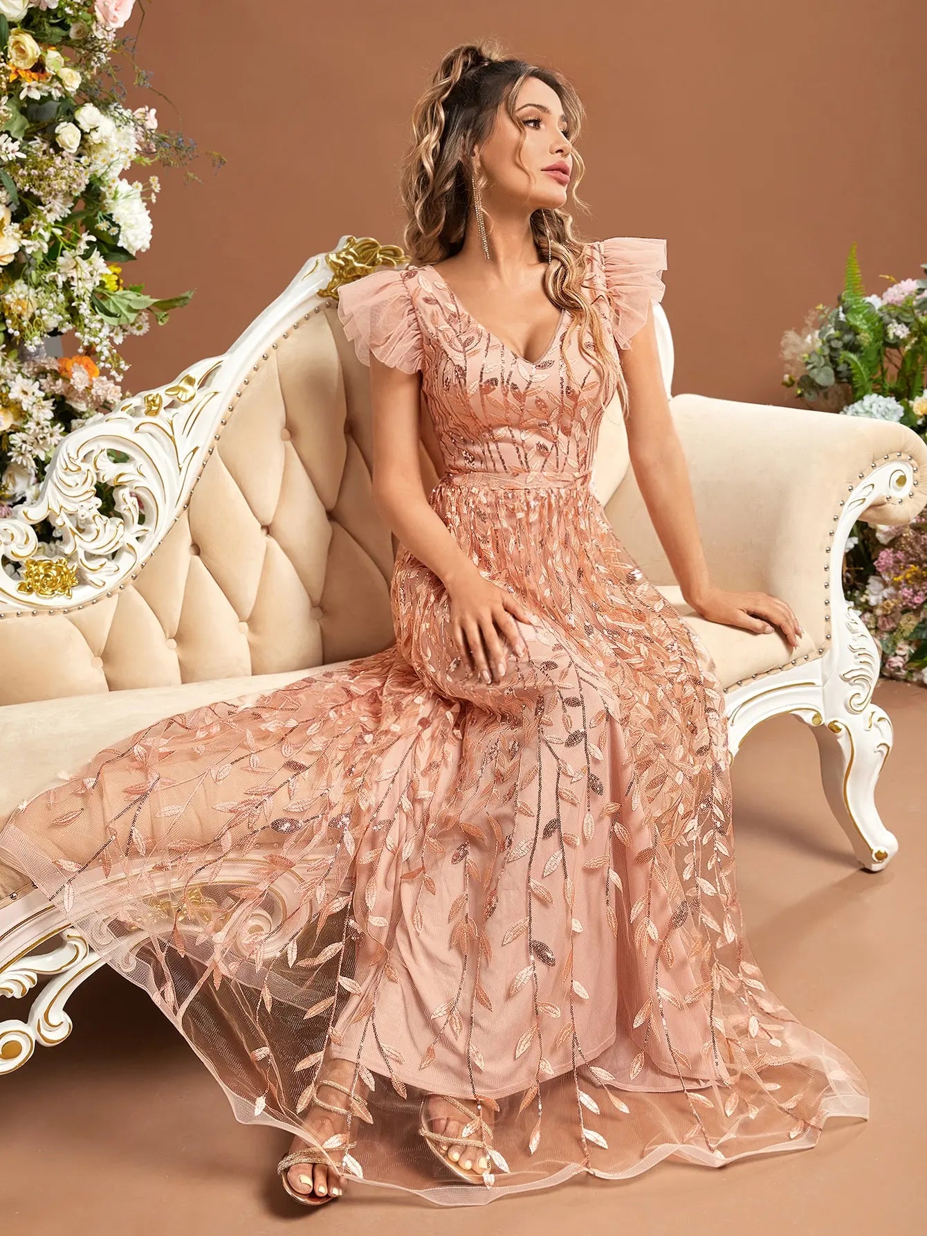 Lace Mesh Evening Gown With Ruffled Sleeves Ball Dress