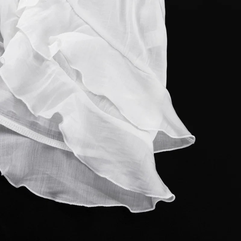 Sexy Loose White Women's Shirt With Ruffles Long Sleeve Sheer Elegant Blouse Stylish Transparent Top