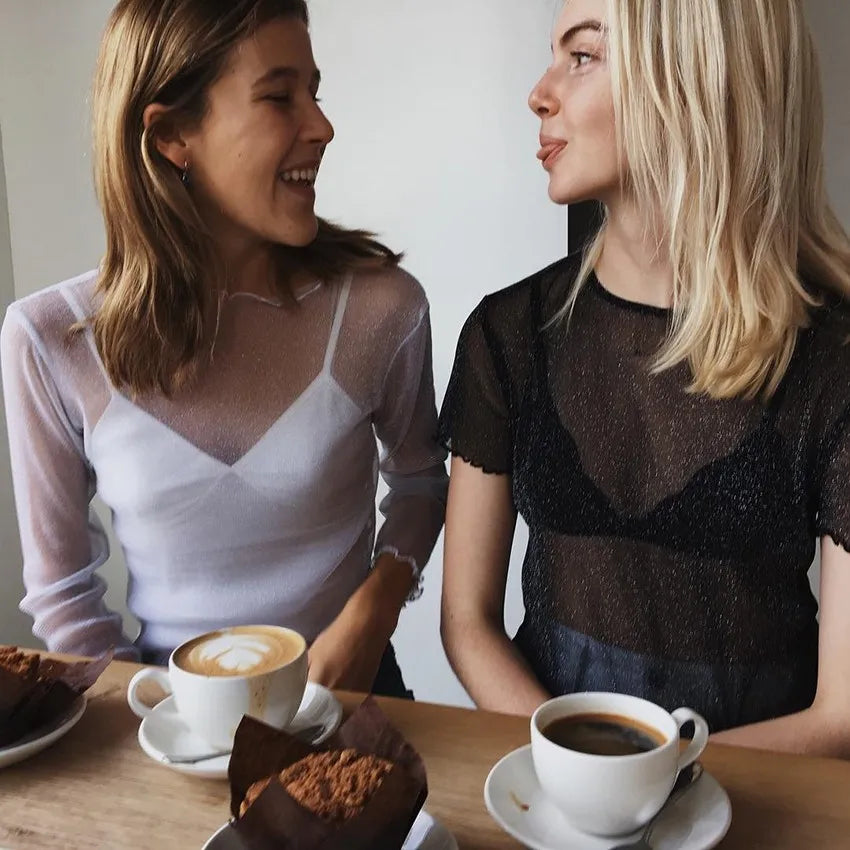 Sexy Mesh Long Sleeve T Shirt for Women Black Transparent Club Top