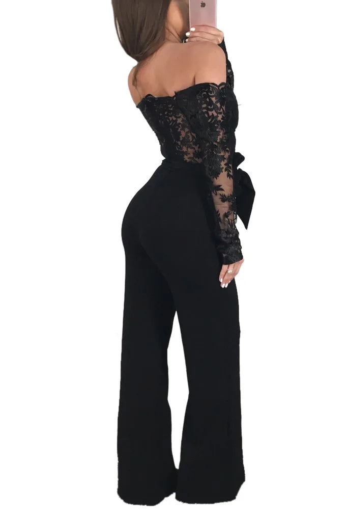 Appliques Lace Patchwork Off Shoulder Jumpsuit for Women with Slash Neck Long Sleeve and Elegant Wide Leg Pants Party Overalls