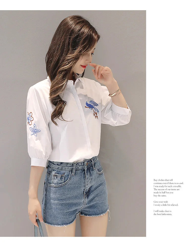 Embroidered Five-Point Sleeve Summer Shirt for Women Lightweight Lapel Casual Top with Elegant Literary Style and Versatile Temperament