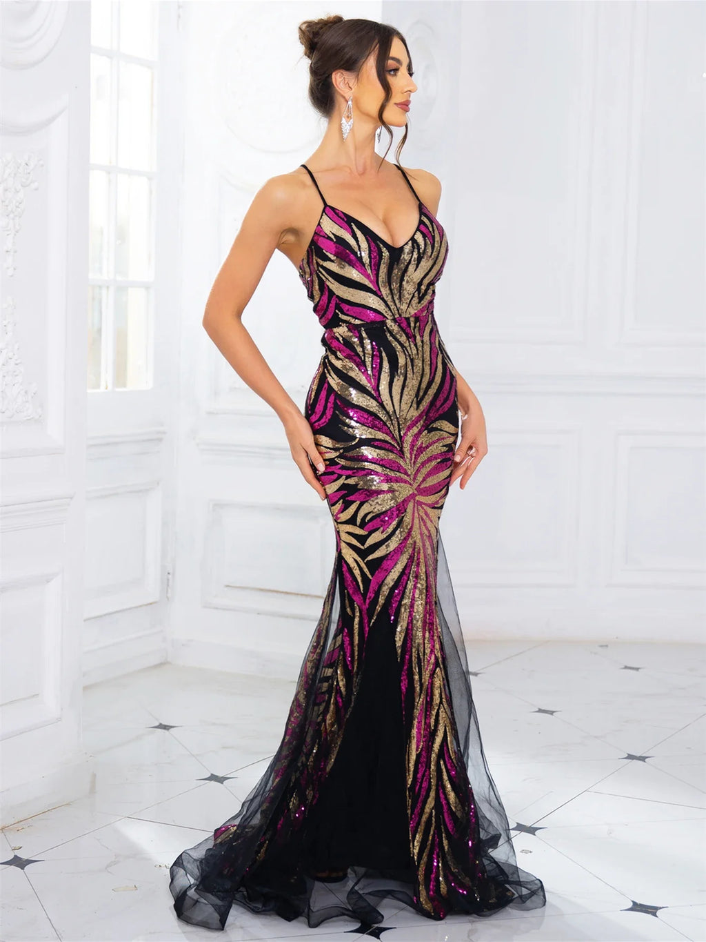 V Neck Lace Up Prom Dress Multicolor Mesh A Line Maxi Dress