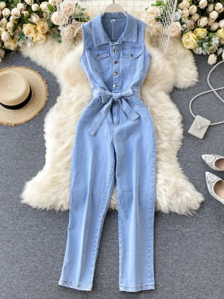 Denim Jumpsuit For Women Sleeveless Lace Up Slim Fit