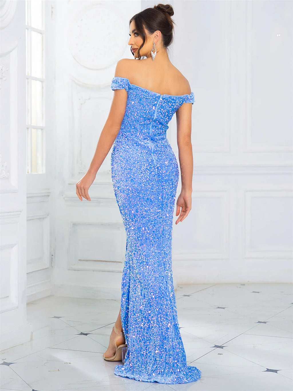 Slash Neck Sequin Maxi Dress Off Shoulder Ruched Gown