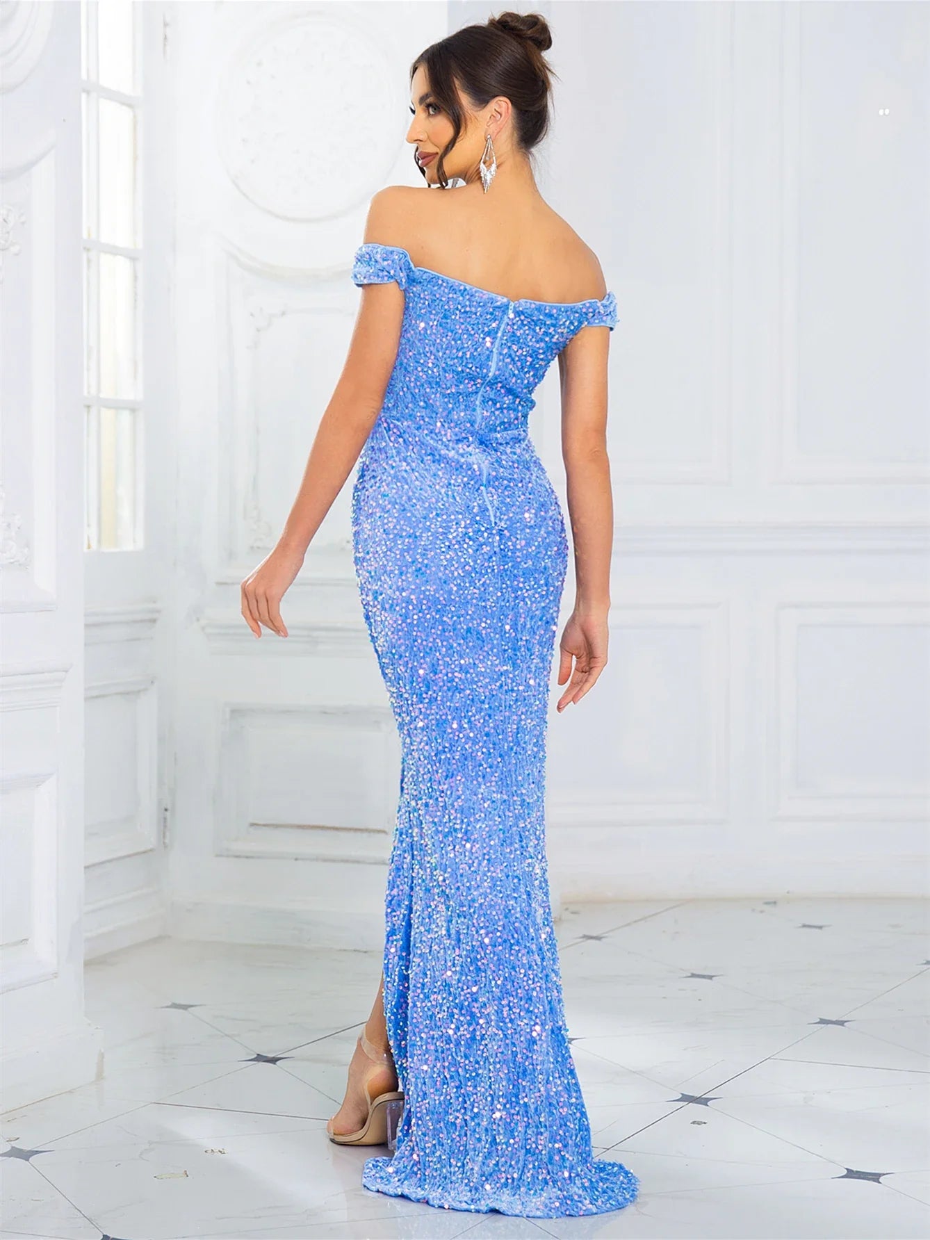 Slash Neck Sequin Maxi Dress Off Shoulder Ruched Gown