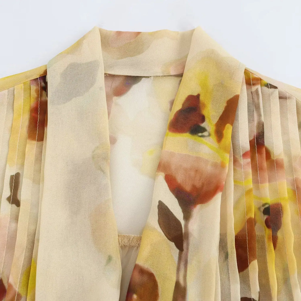 Women's Fashionable Loose Floral Print Semi Transparent Lapel Tie Long Sleeve Shirt for Spring