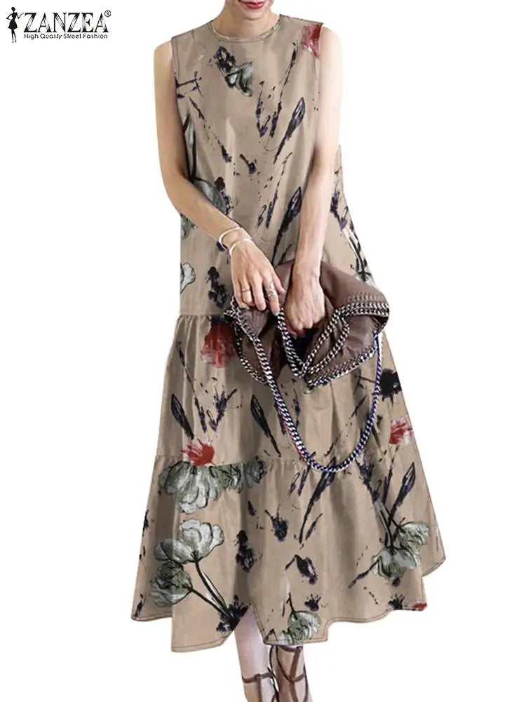 Bohemian Floral Sundress Women O Neck Sleeveless Midi