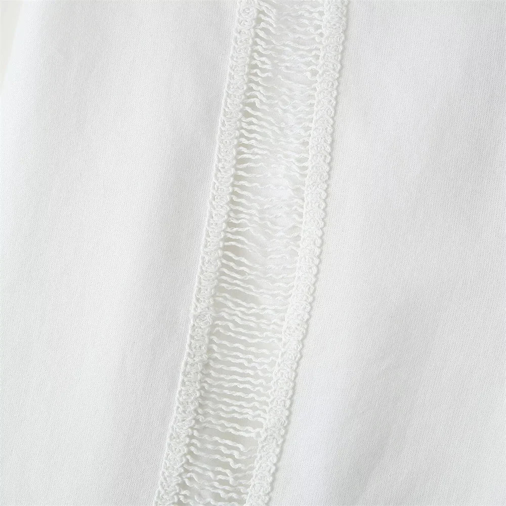 Women White Long Sleeve Blouse and Wide Leg Pants Set with Lace Trim Elegant Design