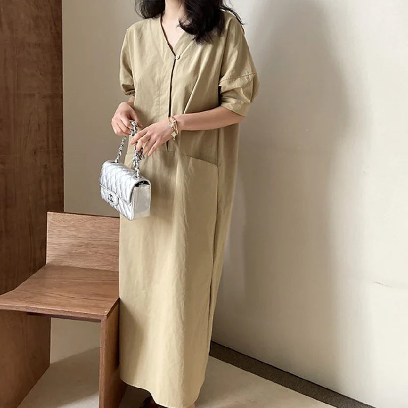 Korean Puff Sleeve Dress With Pockets High Waist V Neck