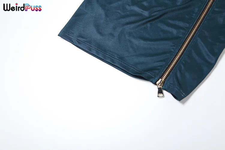 Weird Puss Solid 2 Piece Set Women Low-Neck Zipper Tank Top and Peach Hip Skirt Stretchy Clubwear Matching Outfit