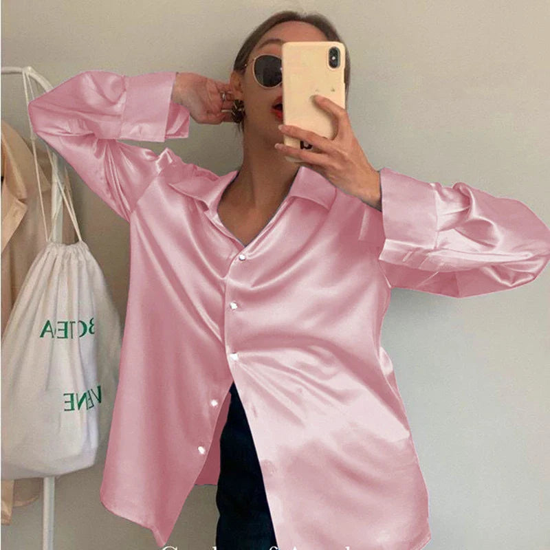 Elegant Satin Long Sleeve Shirt for Women Slim Fit Casual Office Blouse with Transparent Buttons