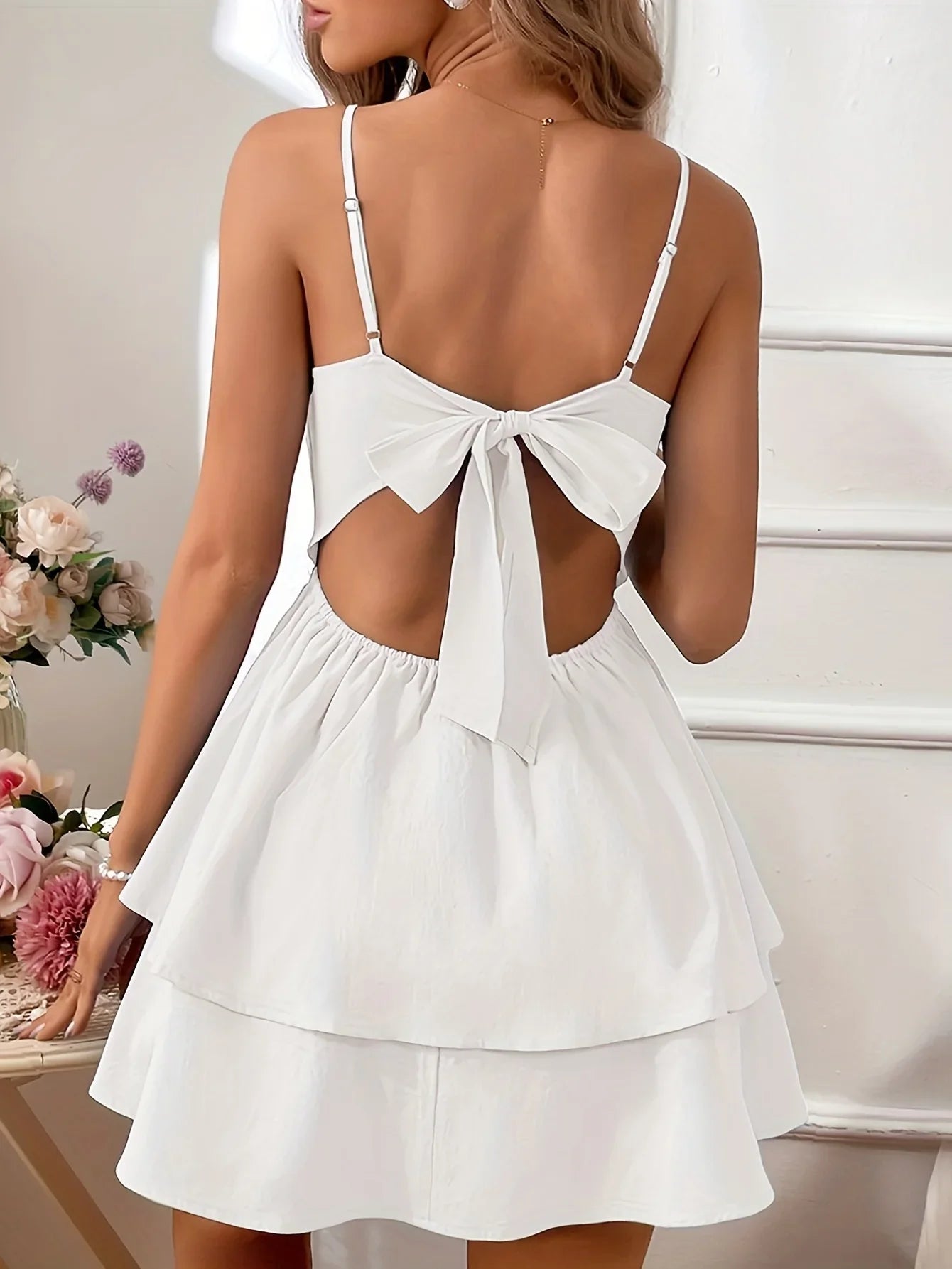 Backless Summer Dress With Bow Strap In Solid Color