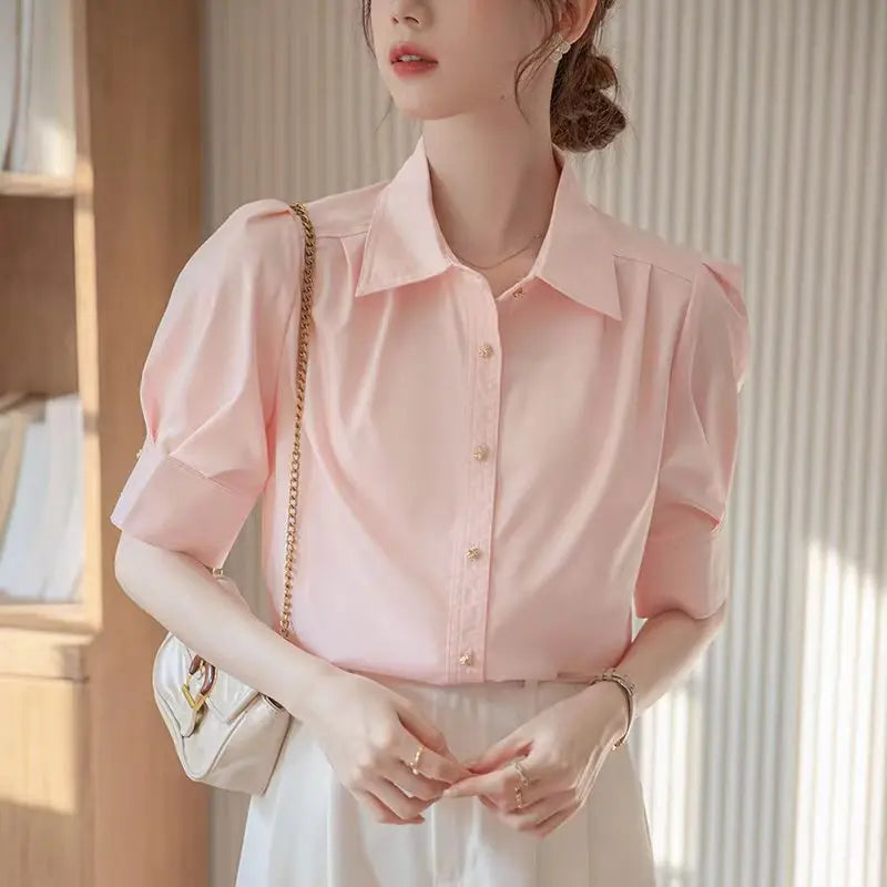 Elegant Summer Short Sleeve Office Shirt for Women Solid Color Basic Button-Up Blouse Stylish and Comfortable Female Workwear Top