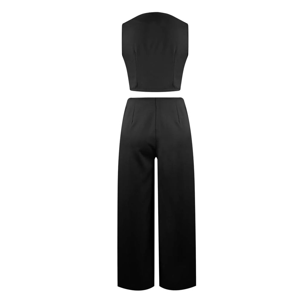 Sleeveless V-Neck Vest and High Waist Wide Leg Pant Set for Women Casual Chic Vintage Elegant Two Piece Outfit for Office and Everyday Wear
