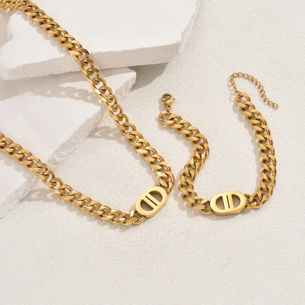 Gold Color Cuban Chain Necklace and Bracelet Set for Women with Geometric Charms