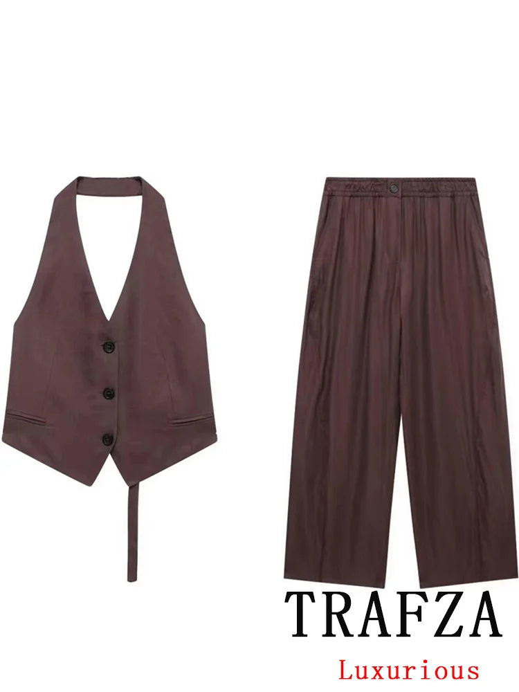 Vintage Chic Women's Suit Set with Solid Halter Vest and Straight Button Loose Pants for Office and Casual Wear