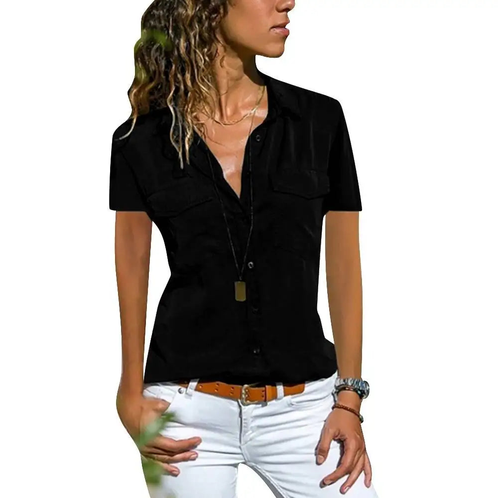 Women's Casual Crop Top with Collared Lapel Neck Short Sleeve Solid Stitching Pocket Blouse Basic Tee for Spring Summer
