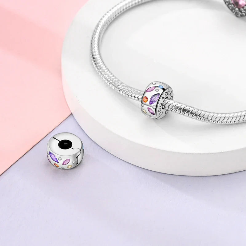 Fit Original 925 Sterling Silver Clip Charms with Zircon and Silicone Spacer Beads for Women DIY Bracelet Gift