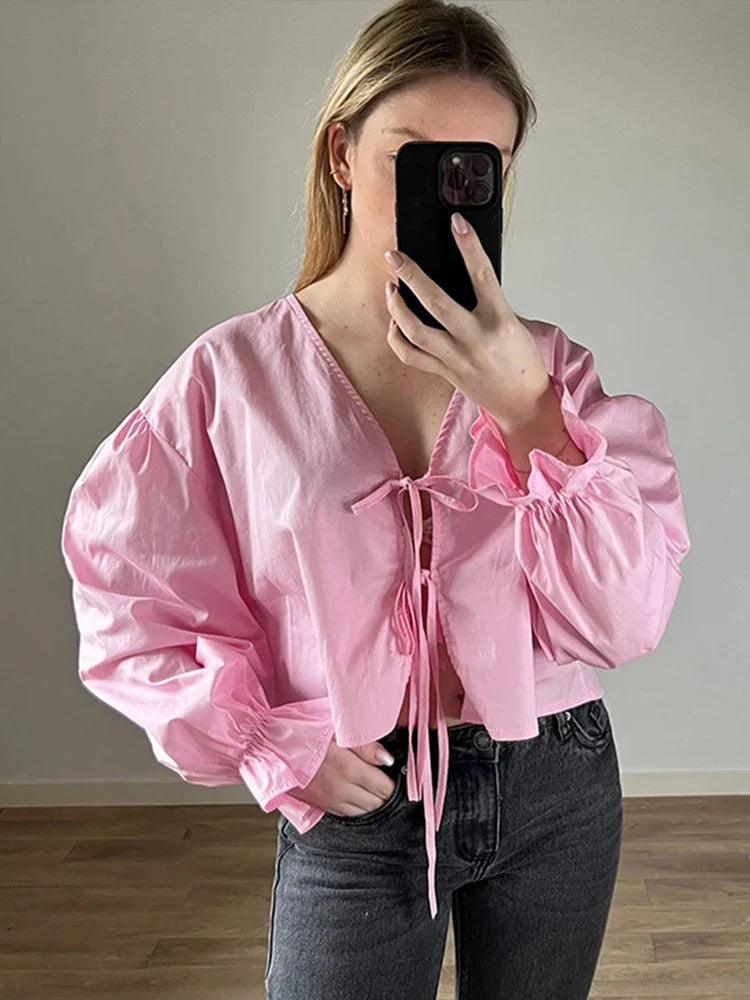 Elegant Solid Lace-Up V-Neck Blouse for Women with Lantern Sleeves and Hollow Out Detail Loose Fit Chic Female Shirt