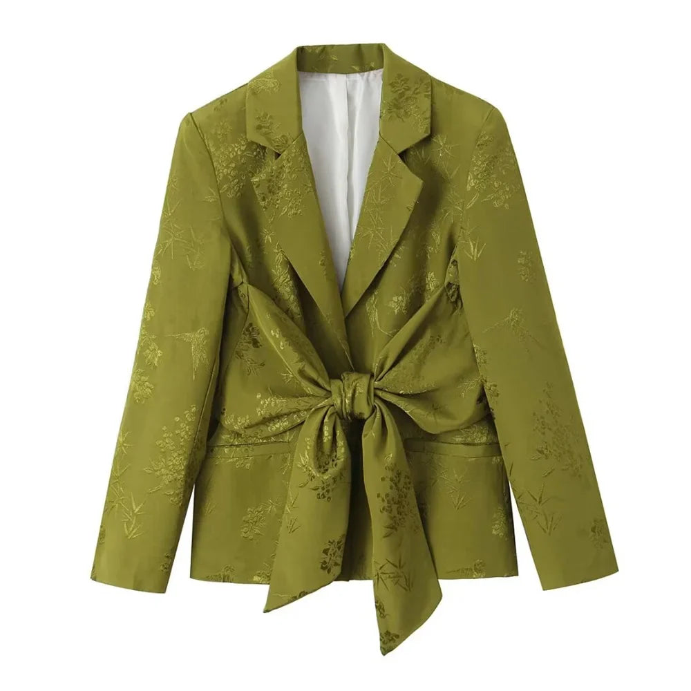 Versatile Women's Jacquard Suit Coat with Bow Decoration and High Waist Straight Leg Pants