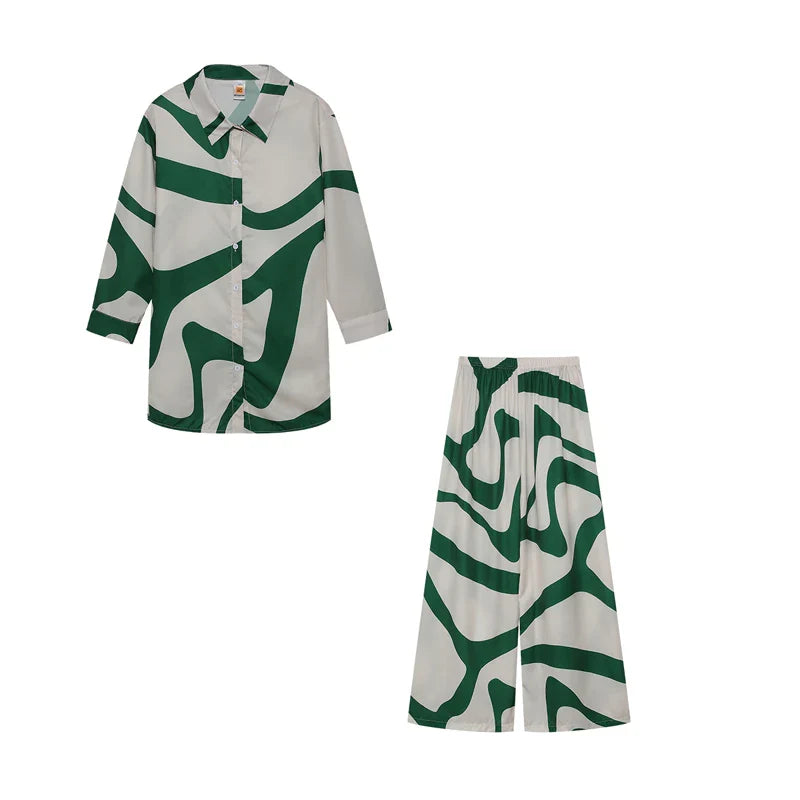 Fashion Printed Loose Long Sleeve Shirt and Straight Leg Pants Set for Women