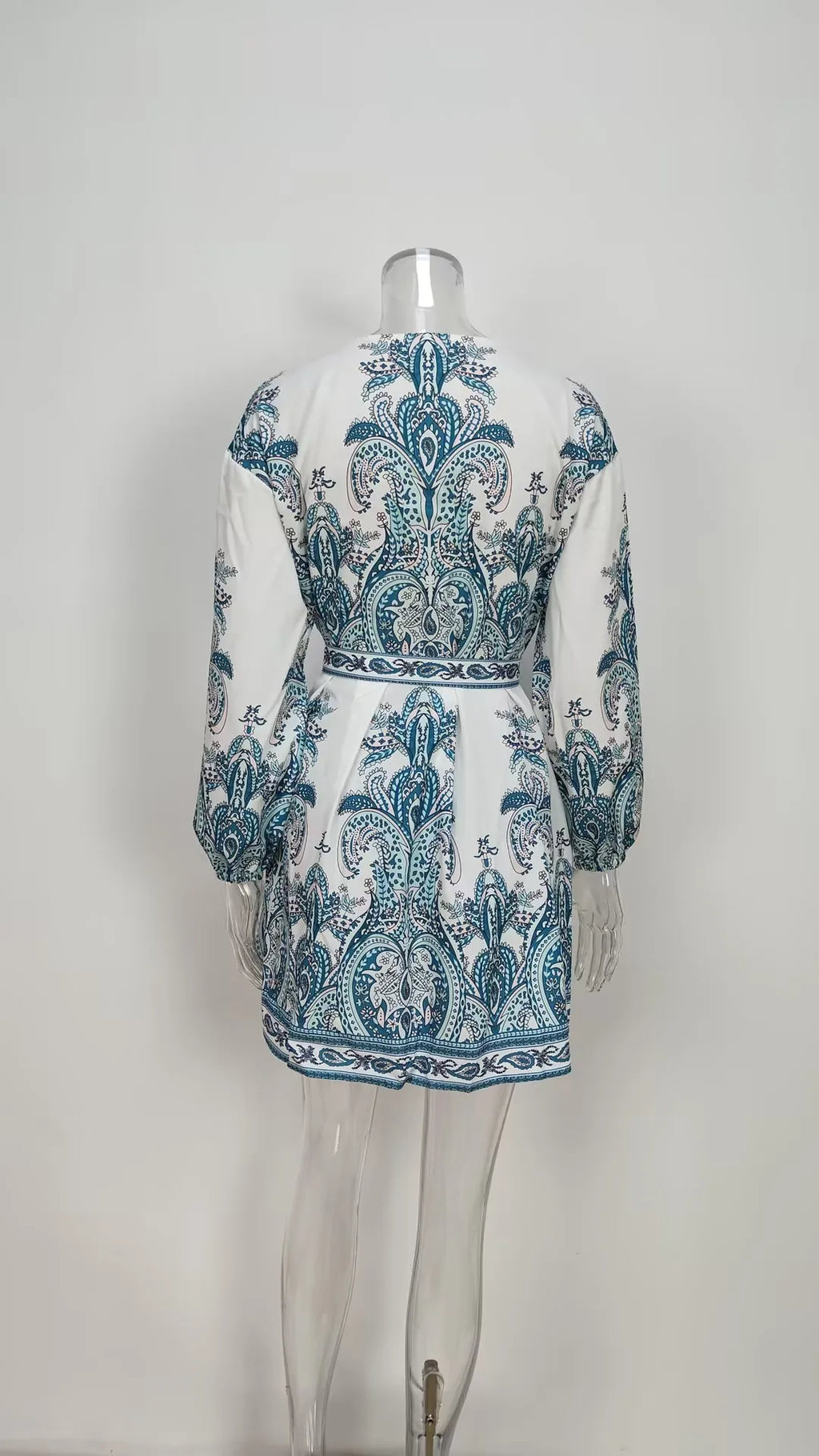 Casual Belted Print Dress For Women With V Neck Long Sleeve