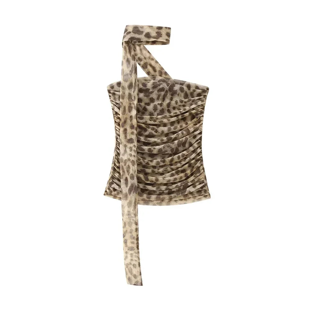 Strapless Leopard Print Tulle Draped Bustier Top with High Waist Long Skirt Two-Piece Set for Women Sexy Evening Outfit