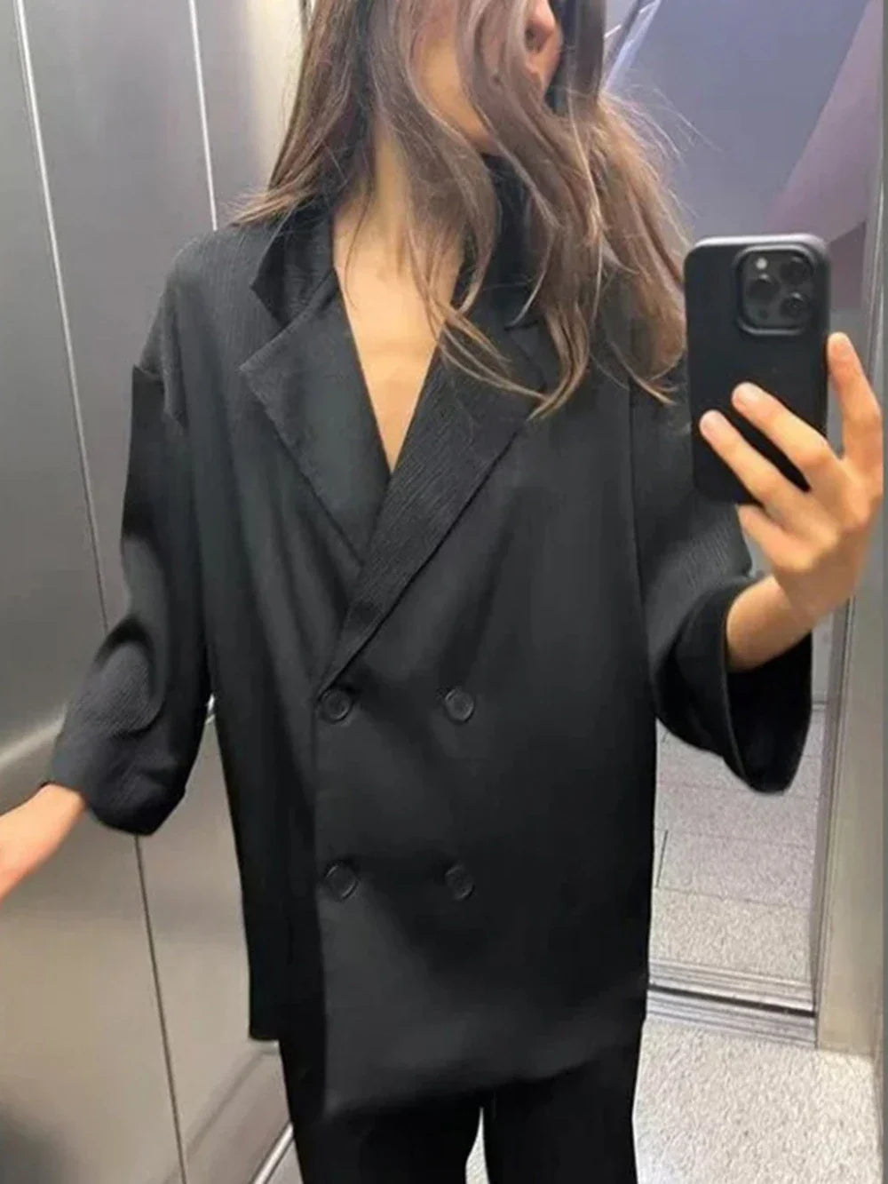 Women's Satin Blazer and High Waisted Straight Leg Pant Set with Crease Texture