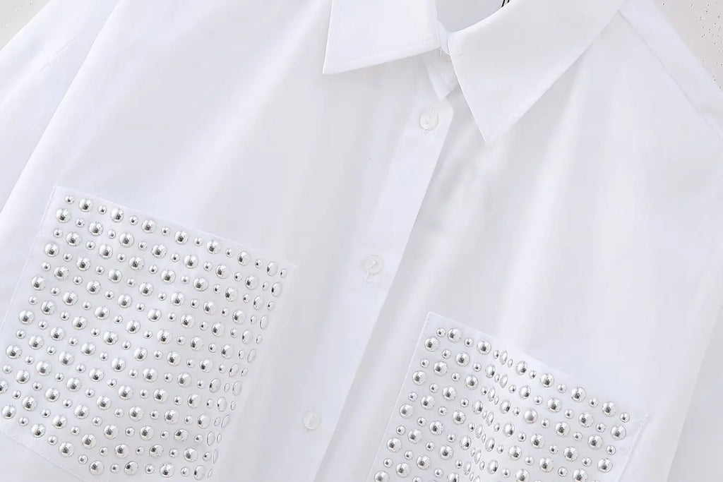 Women's Casual Lapel Collar Single Breasted Blouse with Pockets and Rivet Detail Long Sleeve Shirt